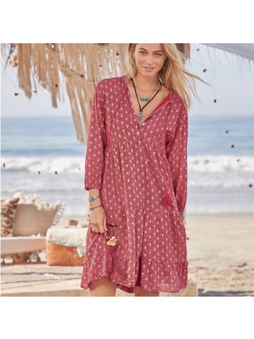 Scandal Italy Pink Boho Midi Babydoll Tiered Dress Size Large 100% Cotton Ordell